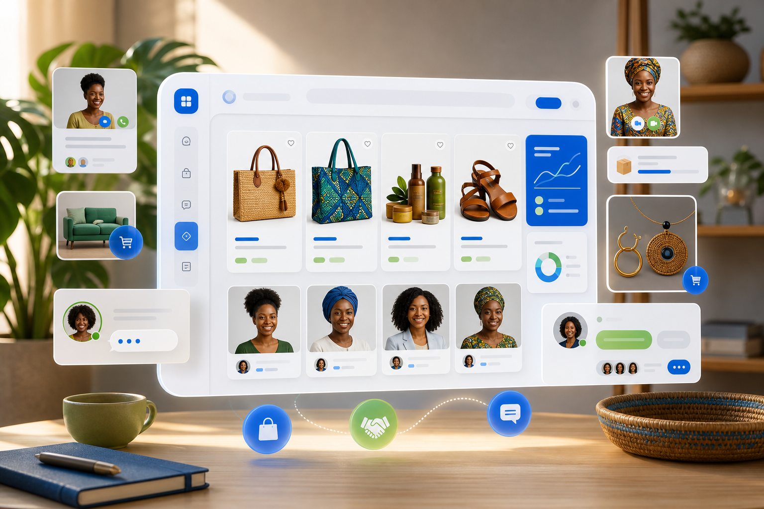 Marketplace dashboard showing products, mentors, and community activity